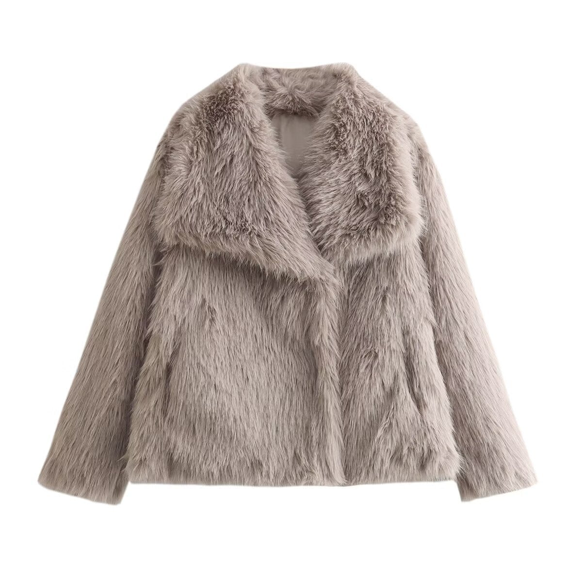 Women's Short Faux Fur Jacket with Wide Shawl Collar EVA-US