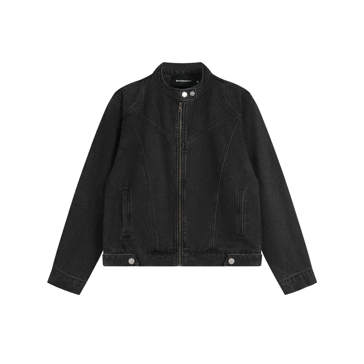 Unisex Short Cut Denim Blouson Jacket with Stand-up Collar and Full Zipper EVA-US