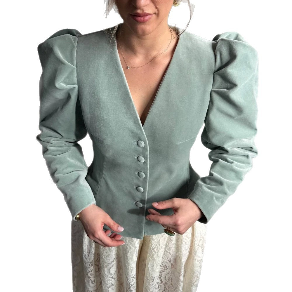 Women's Tailored Velvet Blazer with Emphasized Waist, V-Neck and Voluminous Puff Sleeves EVA-US