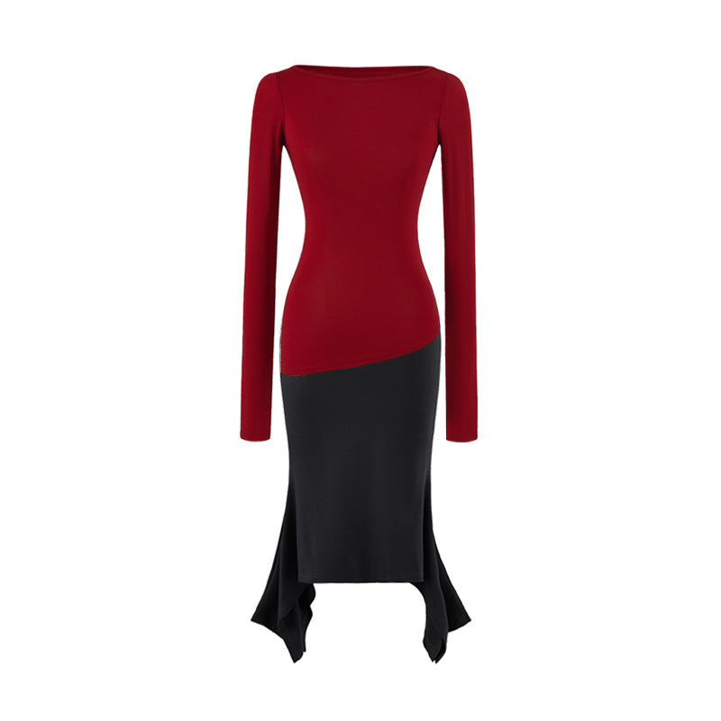 Women Figure-Hugging Midi Dress with Asymmetrical Hem and Panel Design EVA-US