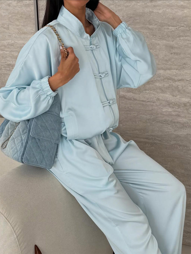Women Satin Two-Piece with traditional toggle closures and wide pant skirt EVA-US