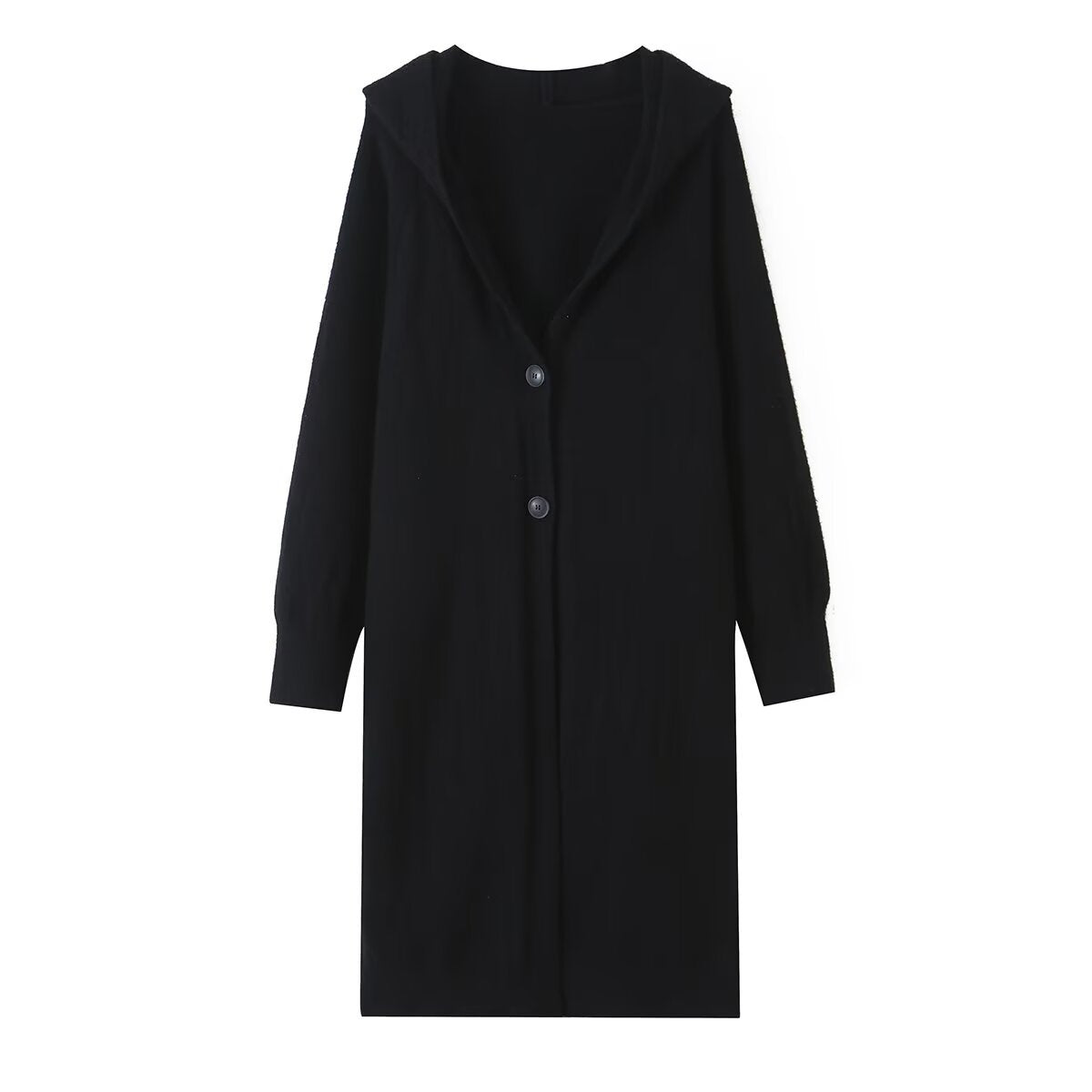 Women Long Hooded Cardigan with Full Button Placket and Ribbed Cuffs EVA-US