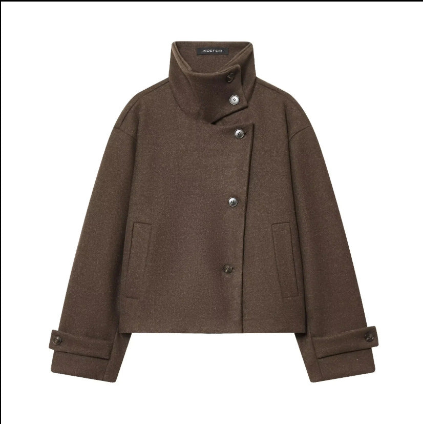 Women's Cropped Wool Blend Short Jacket with High Stand Collar, Asymmetric Button Placket and Cuffed Sleeves EVA-US