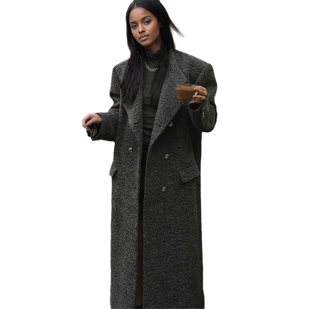 Women Maxi Long Oversize Wool Blend Coat Double Breasted with Boxy Silhouette and Patch Pockets