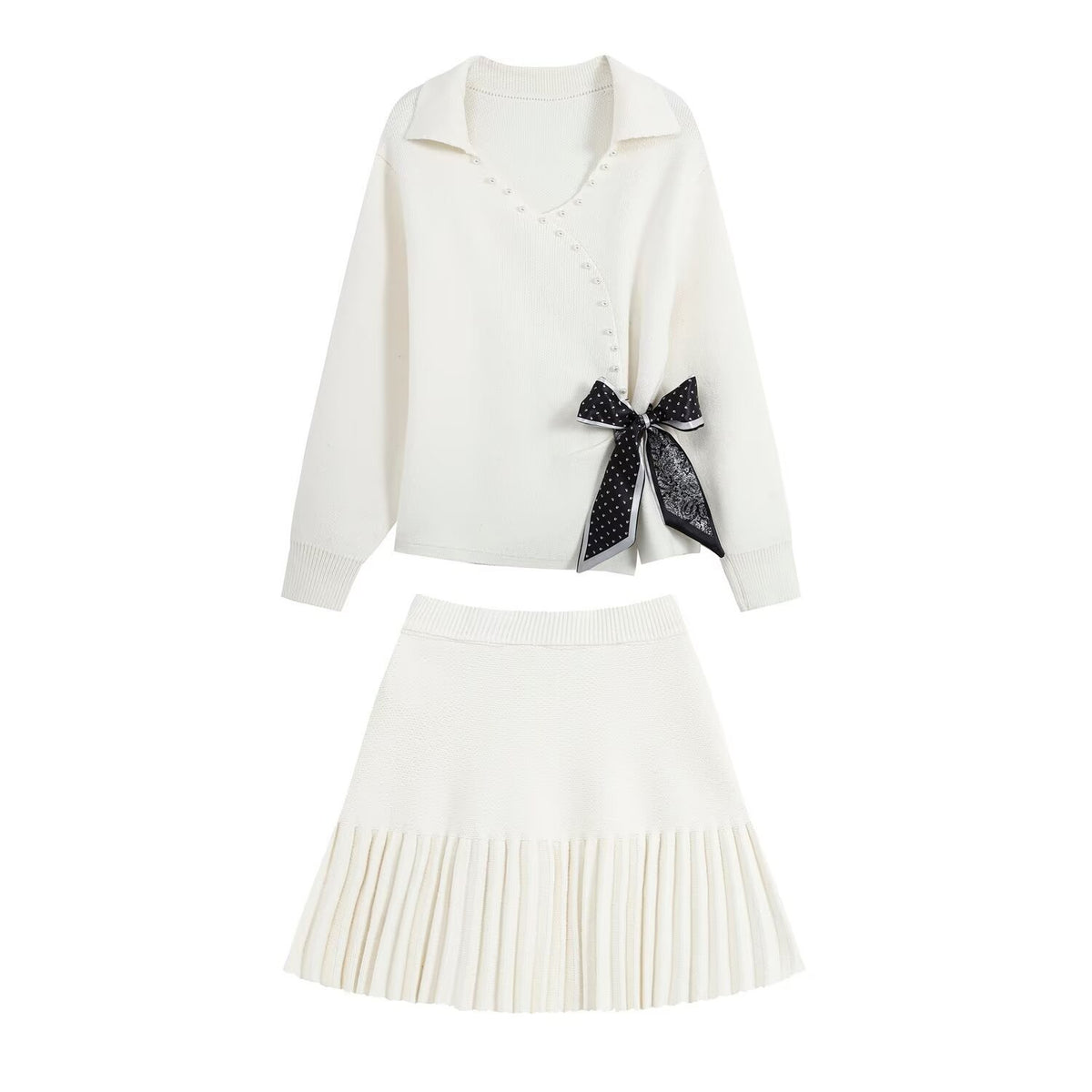 Ladies Two-Piece Fine Knit Set with V-Wrap Top, Bead Trim and Pleated Midi Skirt EVA-US