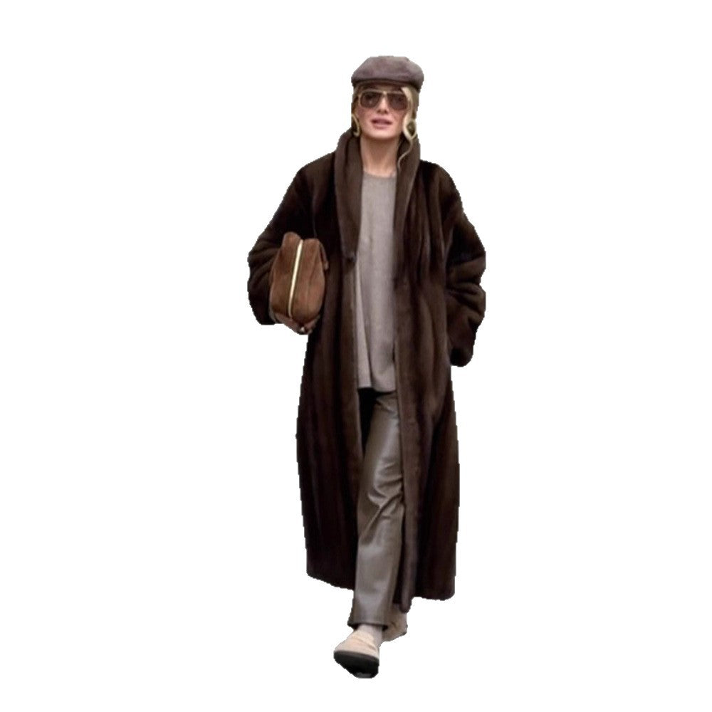 Women Long Faux Fur Coat with Stand-Up Collar and Oversized Fit EVA-US