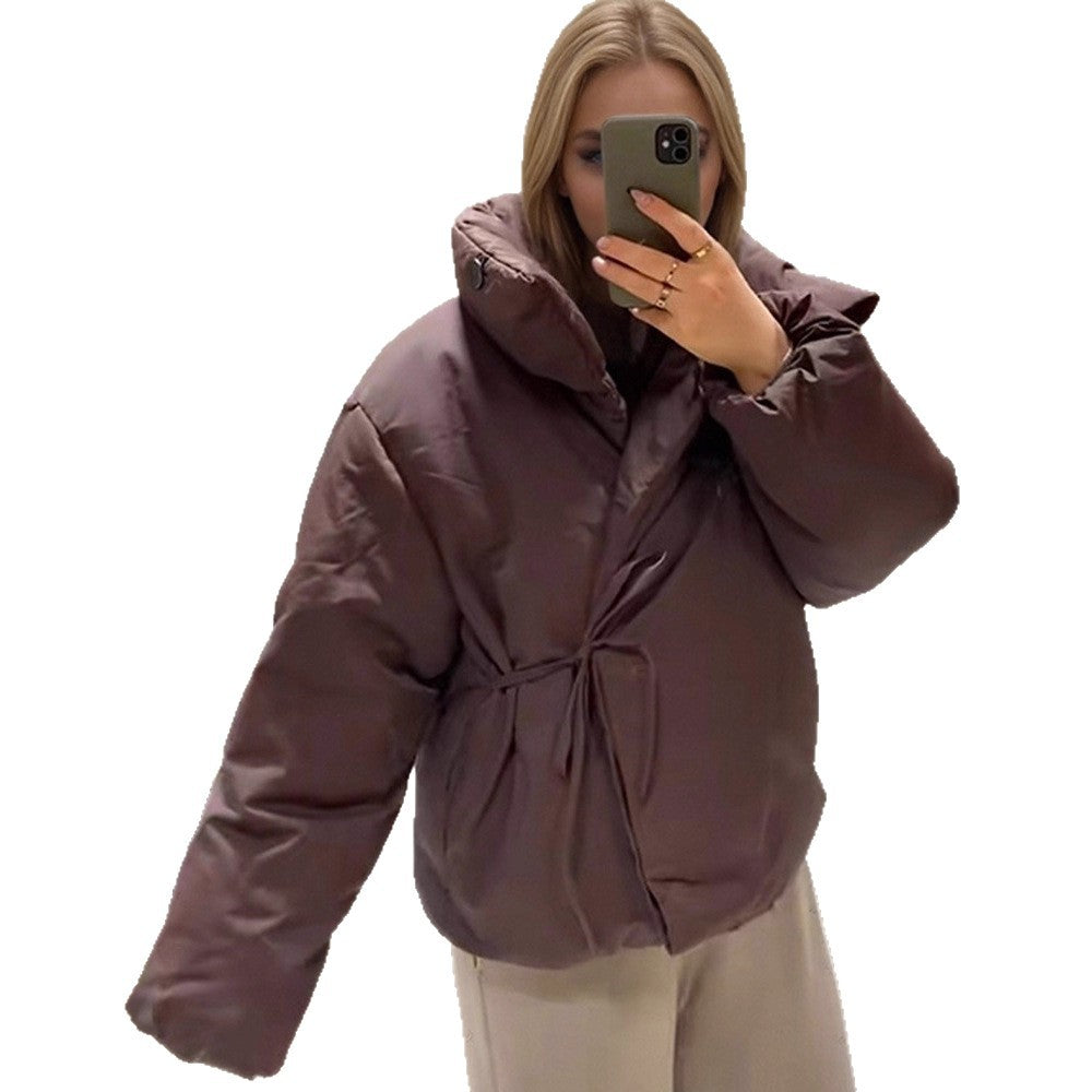 Women Short Padded Oversized Puffer Jacket with Hood and Tie Belt EVA-US