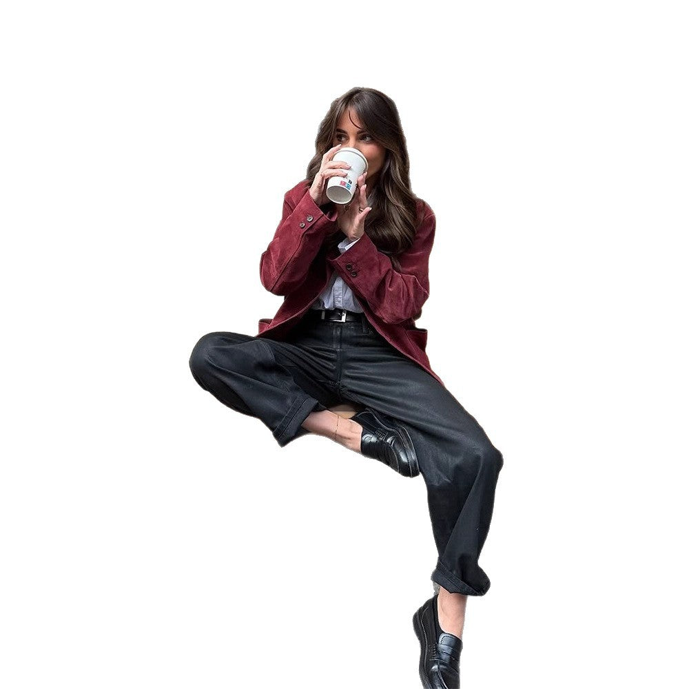 Women's suede blazer with a casual cropped fit and shirt collar EVA-US