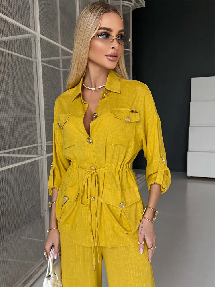 Women's Linen Look Utility Shirt Jacket with Drawstring Waist and Golden Decorative Buttons EVA-US