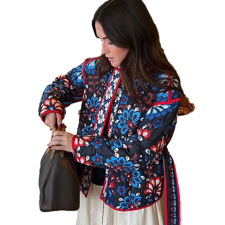 Women's Tailored Quilted Jacquard Cotton Jacket with Folk Floral Pattern & Tied Belt EVA-US