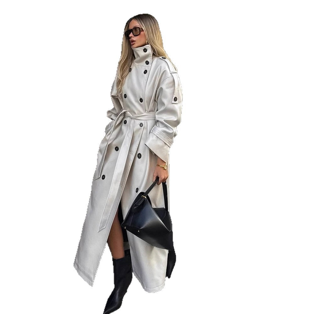 Women’s Long Trench Coat with High Standing Collar, Double-Breasted Button Placket and Wide Cuffs EVA-US