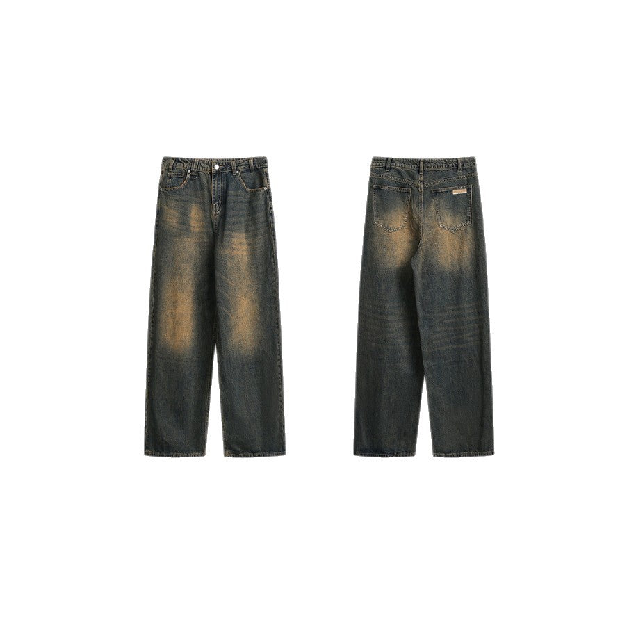 Women's loose high-waist relaxed jeans with vintage fading and straight leg EVA-US