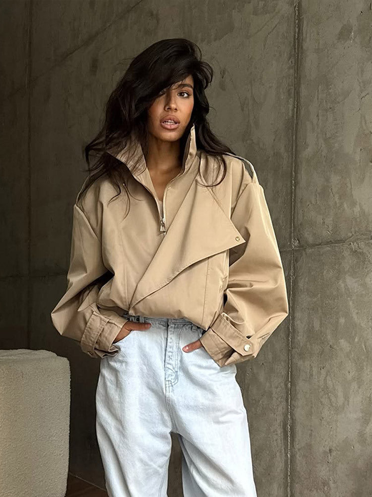 Women's short jacket in oversized look with wide lapels and drawstring waist EVA-US
