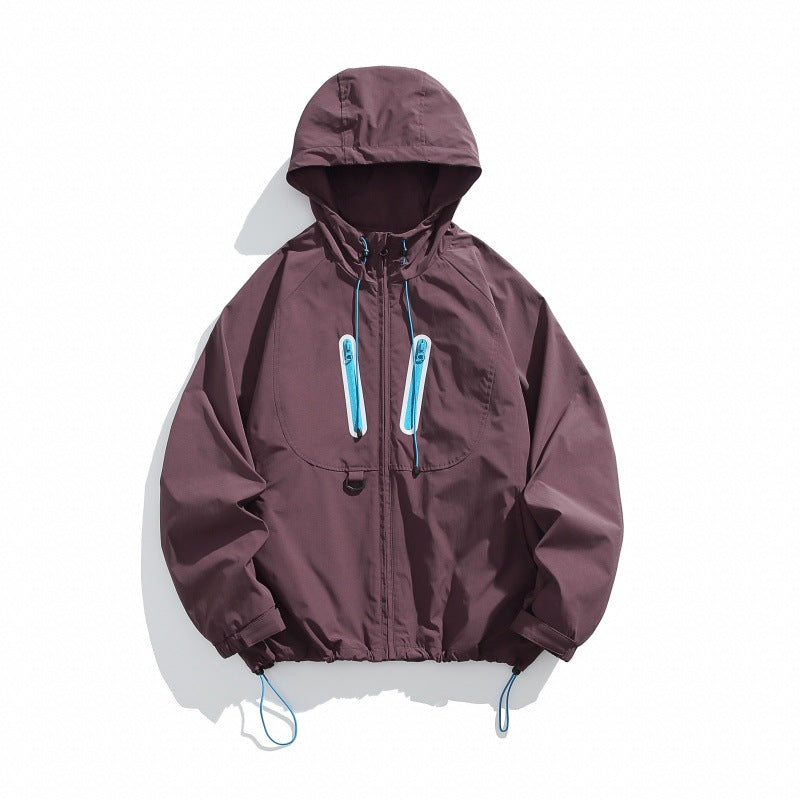 Unisex Technical Hooded Windbreaker in Boxy Cut with Vertical Chest Zippers and Drawstring Hem EVA-US