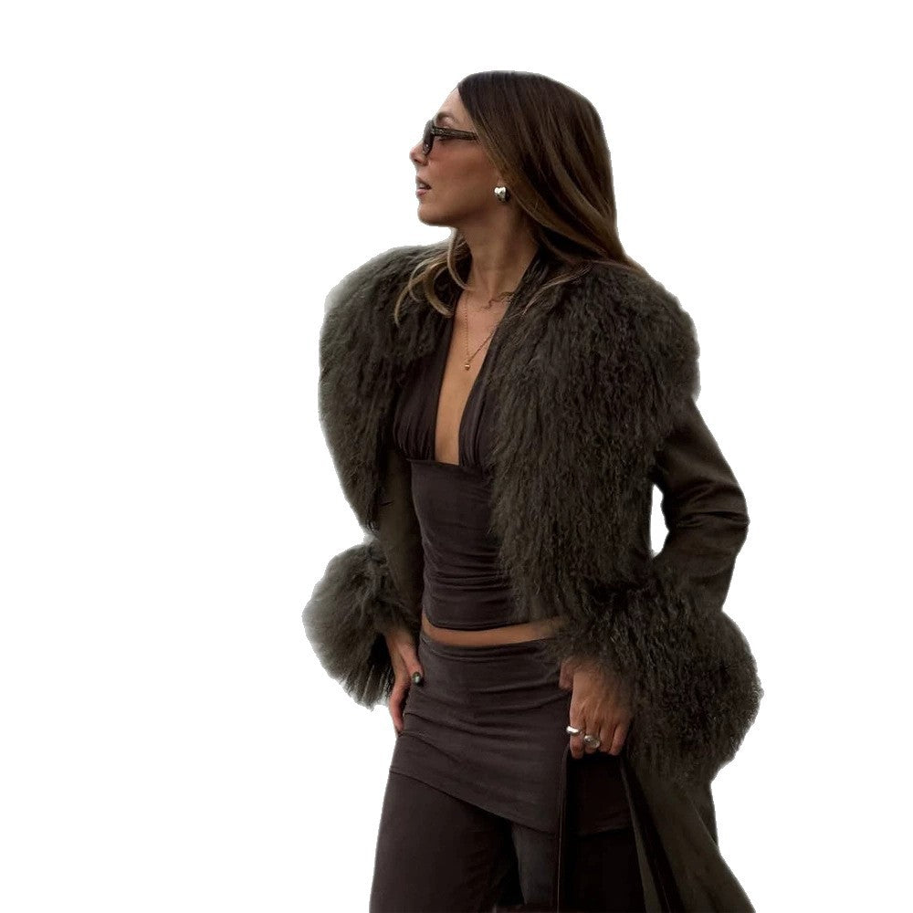 Ladies mid-length wrap coat in faux suede with oversized fur collar and voluminous fur cuffs EVA-US