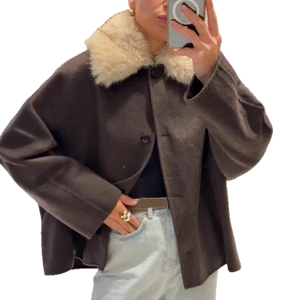 Women's Boxy-Cropped Wool Blend Jacket with Soft Faux Fur Shawl Collar EVA-US