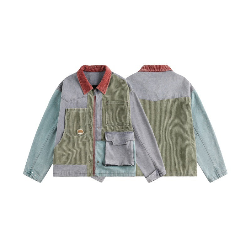 Unisex Boxy‑Patchwork‑Cord Jacket with Contrasting Collar and Multifunction Pockets EVA-US