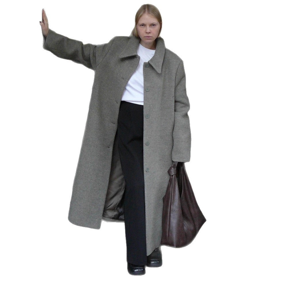 Women Mid-length Wool Blend Coat with Integrated Loop Scarf EVA-US