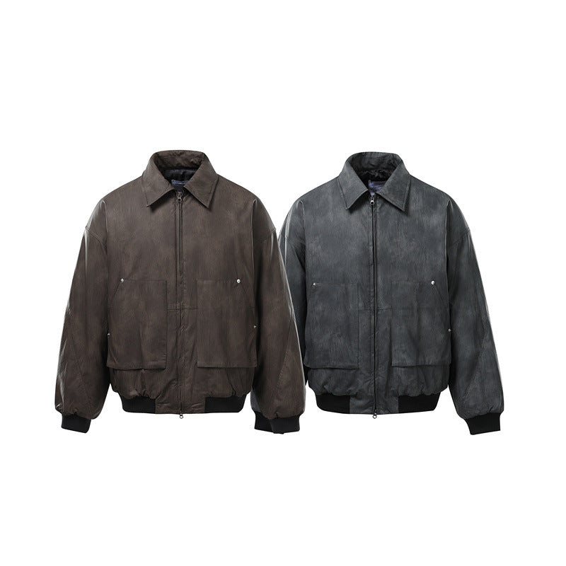 Men's Short Boxy Vintage Leather Look Blouson with Ribbed Cuffs and Large Flap Pockets EVA-US