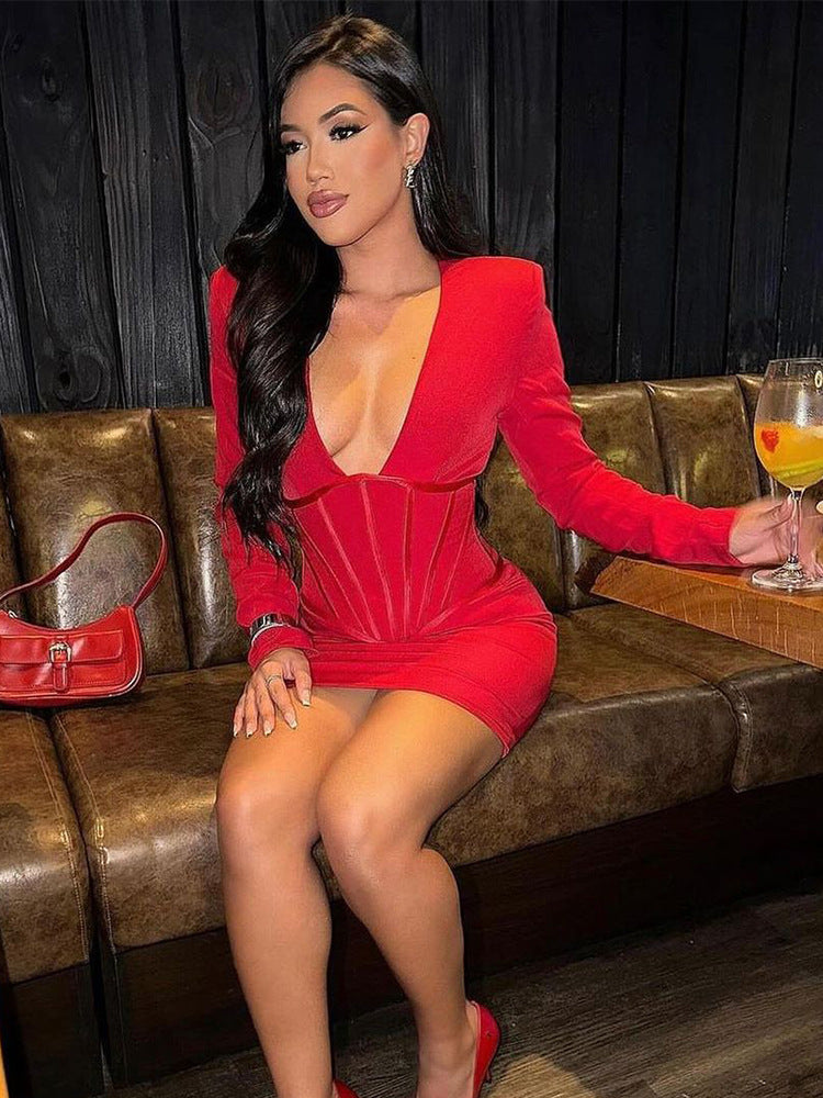 Women's Figure-Hugging Mini Dress with Integrated Corset and Deep V-Neck EVA-US