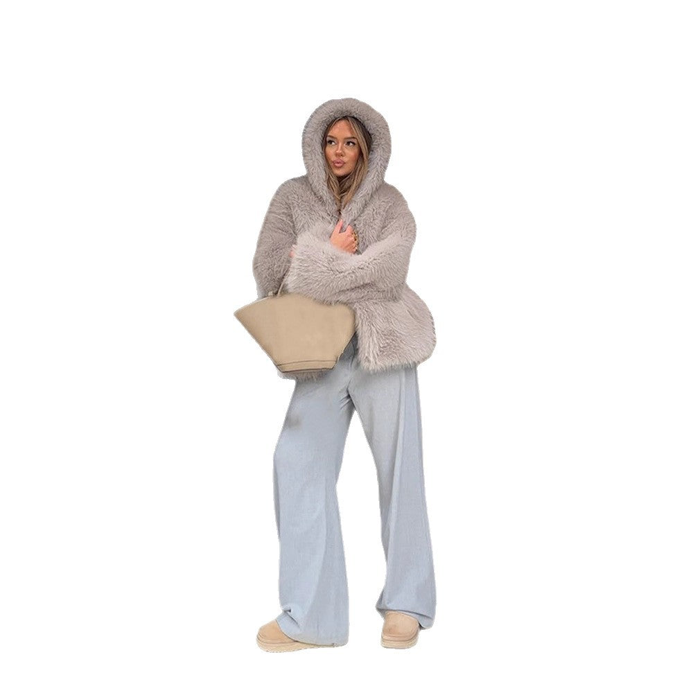 Women's Cozy Short Faux Fur Jacket with Extra Voluminous Hood EVA-US