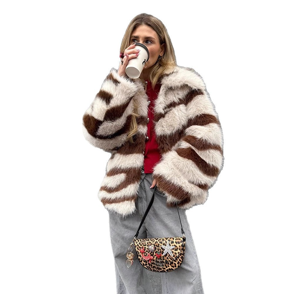 Women Striped Oversize Faux Fur Coat with Short Boxy Cut EVA-US