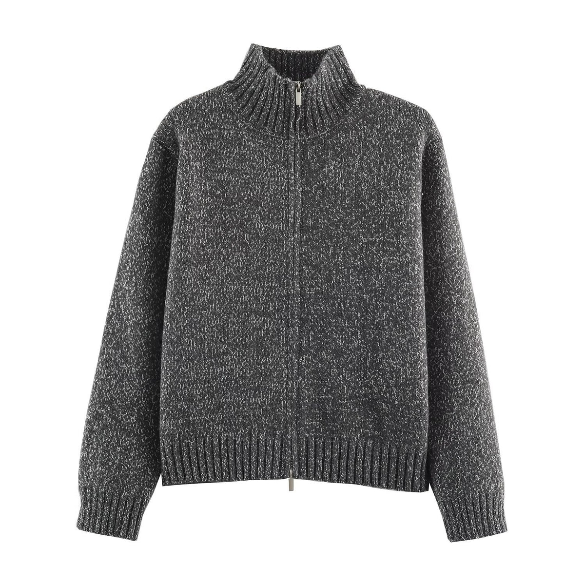 Women's Chunky Knit Zip Sweater with Stand-Up Collar and Ribbed Hem EVA-US