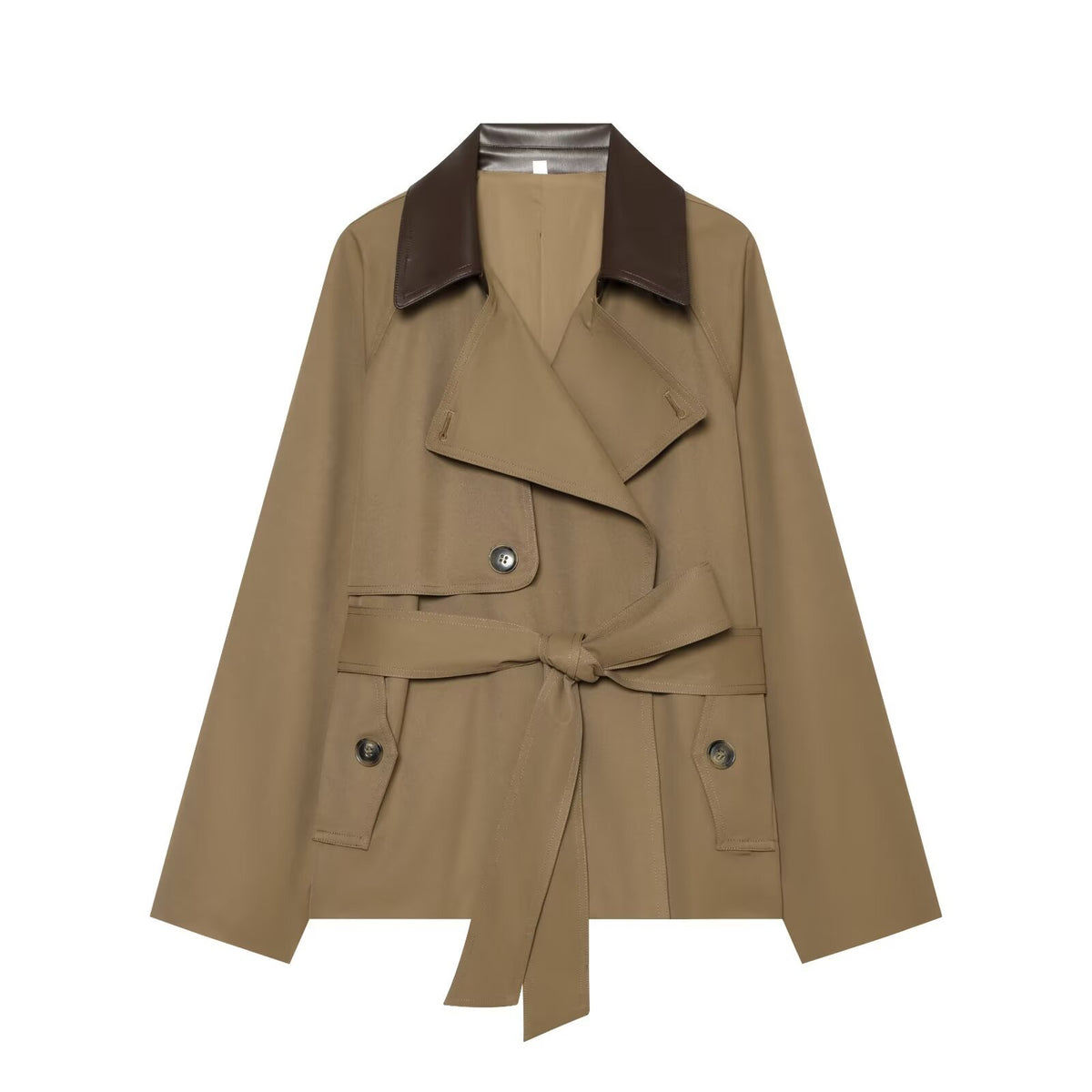 Women Short Trench Coat with Waist Belt and Contrast Collar EVA-US