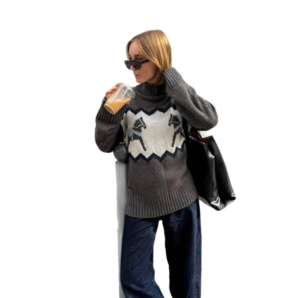 Women’s Oversized Turtleneck Sweater with Norwegian Intarsia and Ribbed Cuffs EVA-US