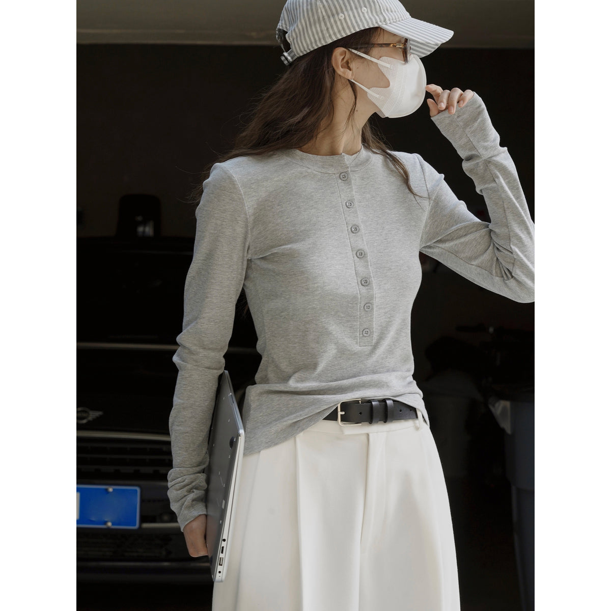 Women's Long Sleeve Henley Shirt with Button Placket and Slim Fit EVA-US