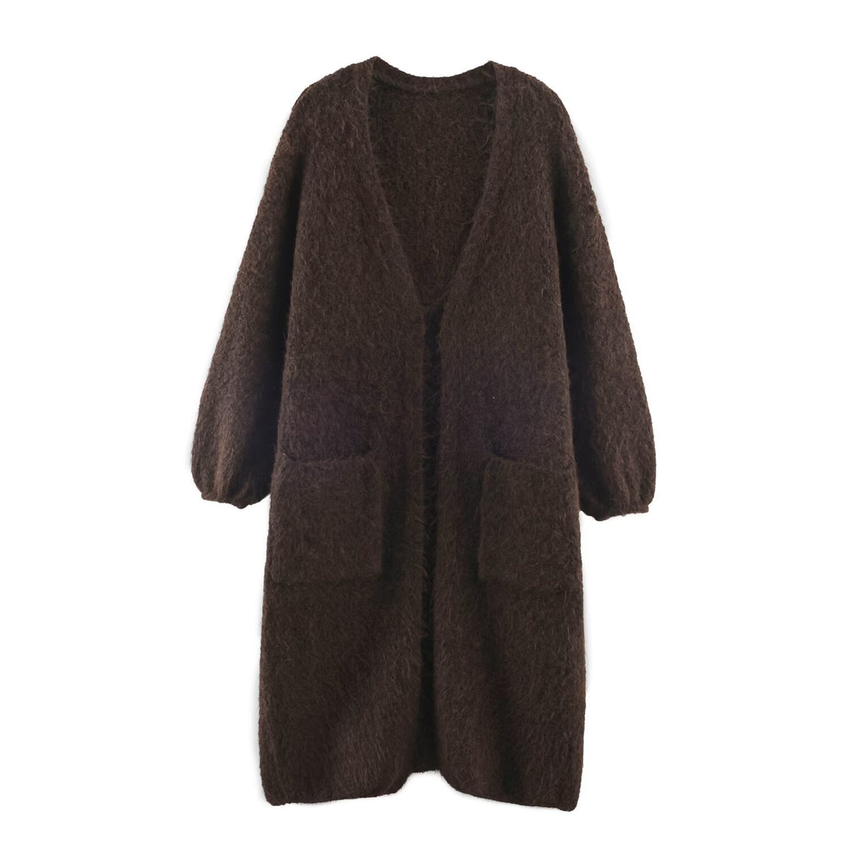 Women's Oversized Knit Coat with V-Neck, Cozy Boucle Look and Patch Pockets EVA-US