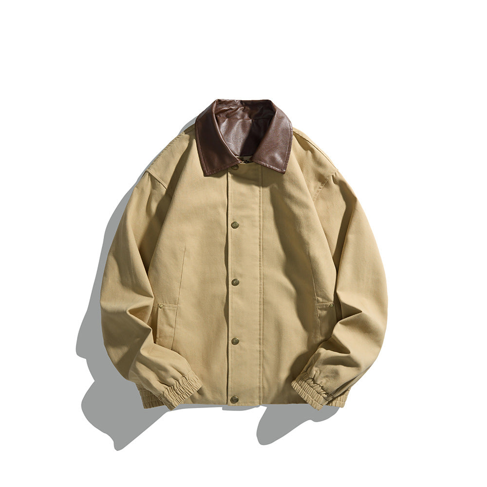 Men's Masculine Boxy Field Blouson with contrasting faux leather collar and concealed snap button placket EVA-US
