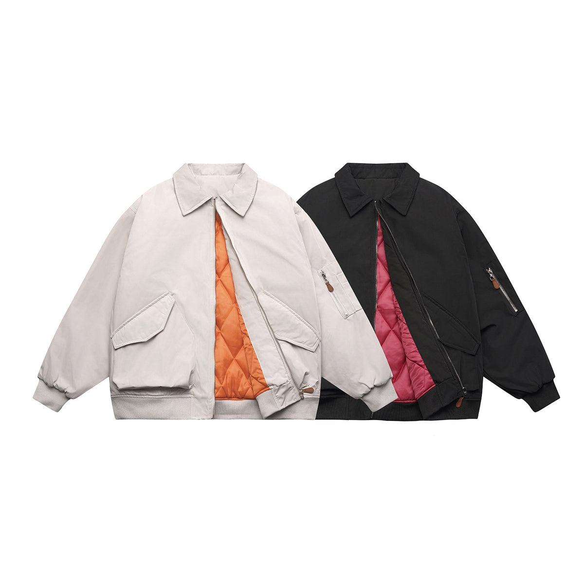 Unisex Short Cut Boxy Bomber Jacket with Quilted Contrast Lining, Utility Patch Pockets and Ribbed Hem EVA-US