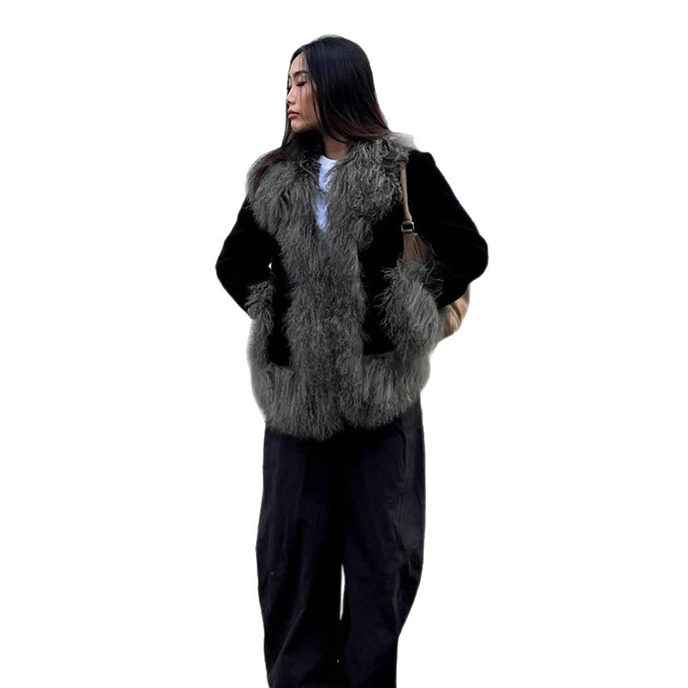 Women's short coat made of artificial fur with voluminous curl trim EVA-US