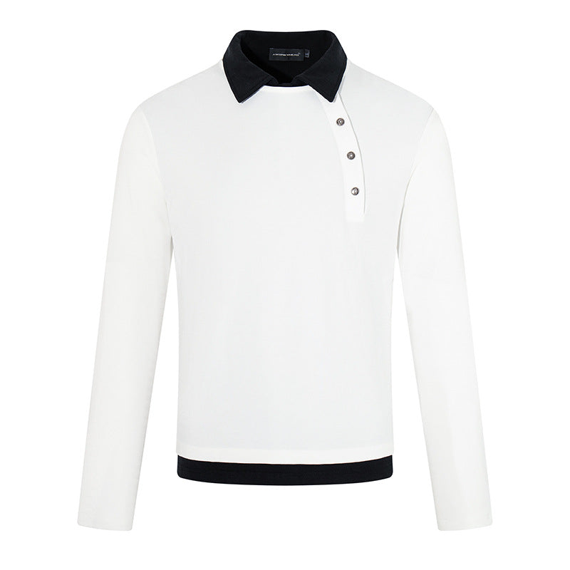 Men's long-sleeve polo shirt with asymmetrical button placket and contrasting collar EVA-US