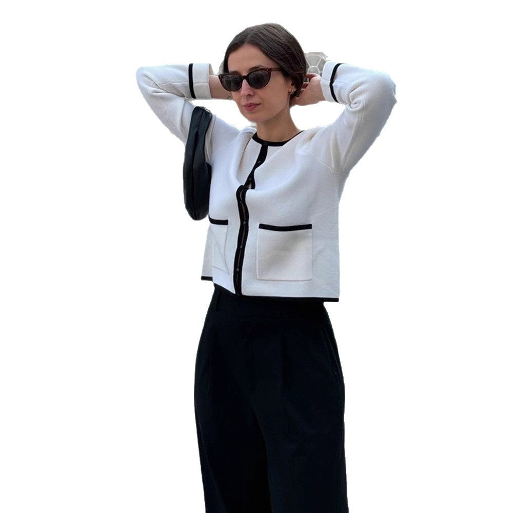 Ladies Fine Contrast Button Placket Cardigan with Piping and Patch Pockets EVA-US