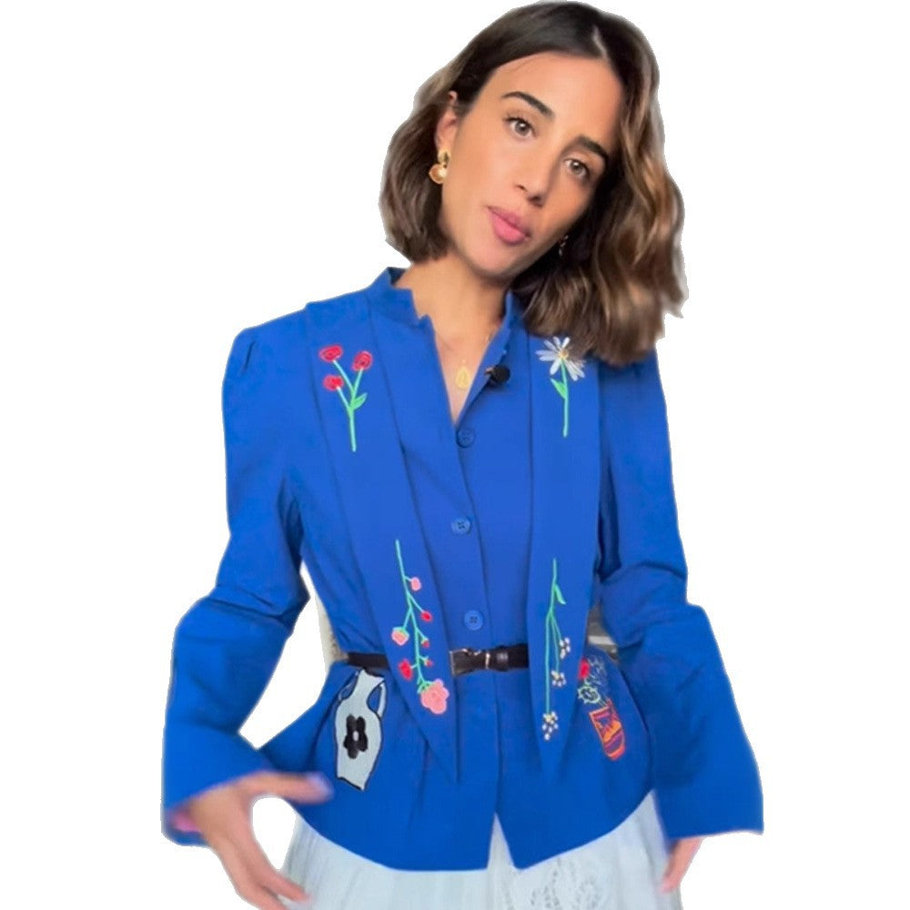Women Embroidered Tailored Short Jacket with Peplum and Belt EVA-US
