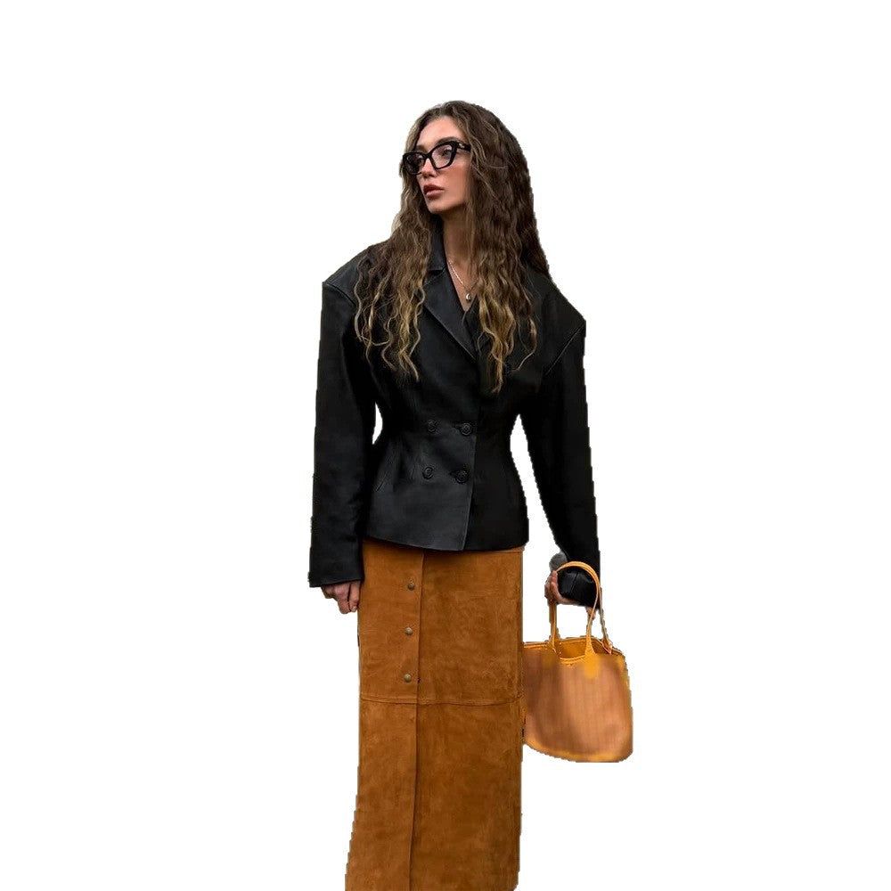 Women's Fashion Blazer-Bomber made of vegan leather imitation with double-breasted front