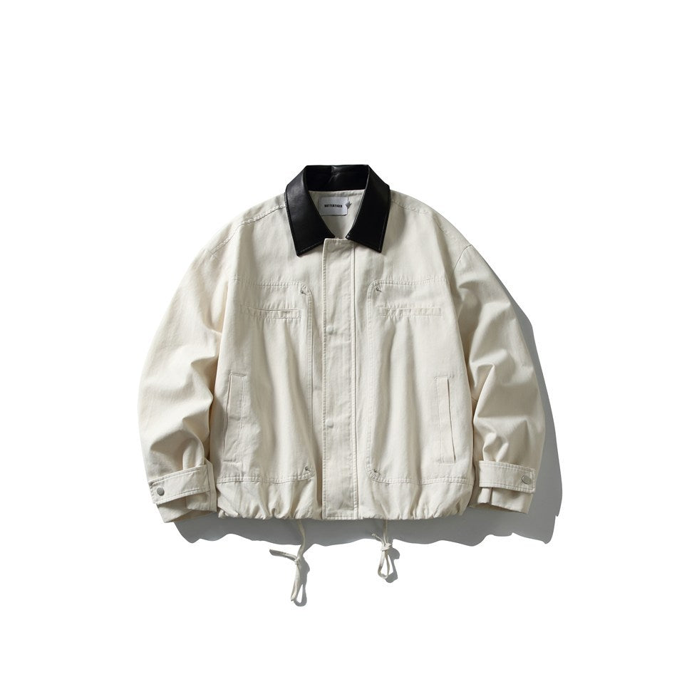 Men's short-cut boxy blouson jacket with faux leather collar, drawstring hem, and snap button cuffs EVA-US