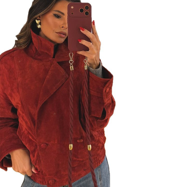 Women cropped suede leather jacket with high collar and double-breasted button placket EVA-US