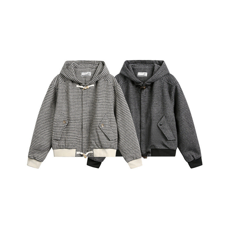 Unisex short-cut hooded blouson jacket in mixed structure with toggle closure and ribbed cuffs EVA-US