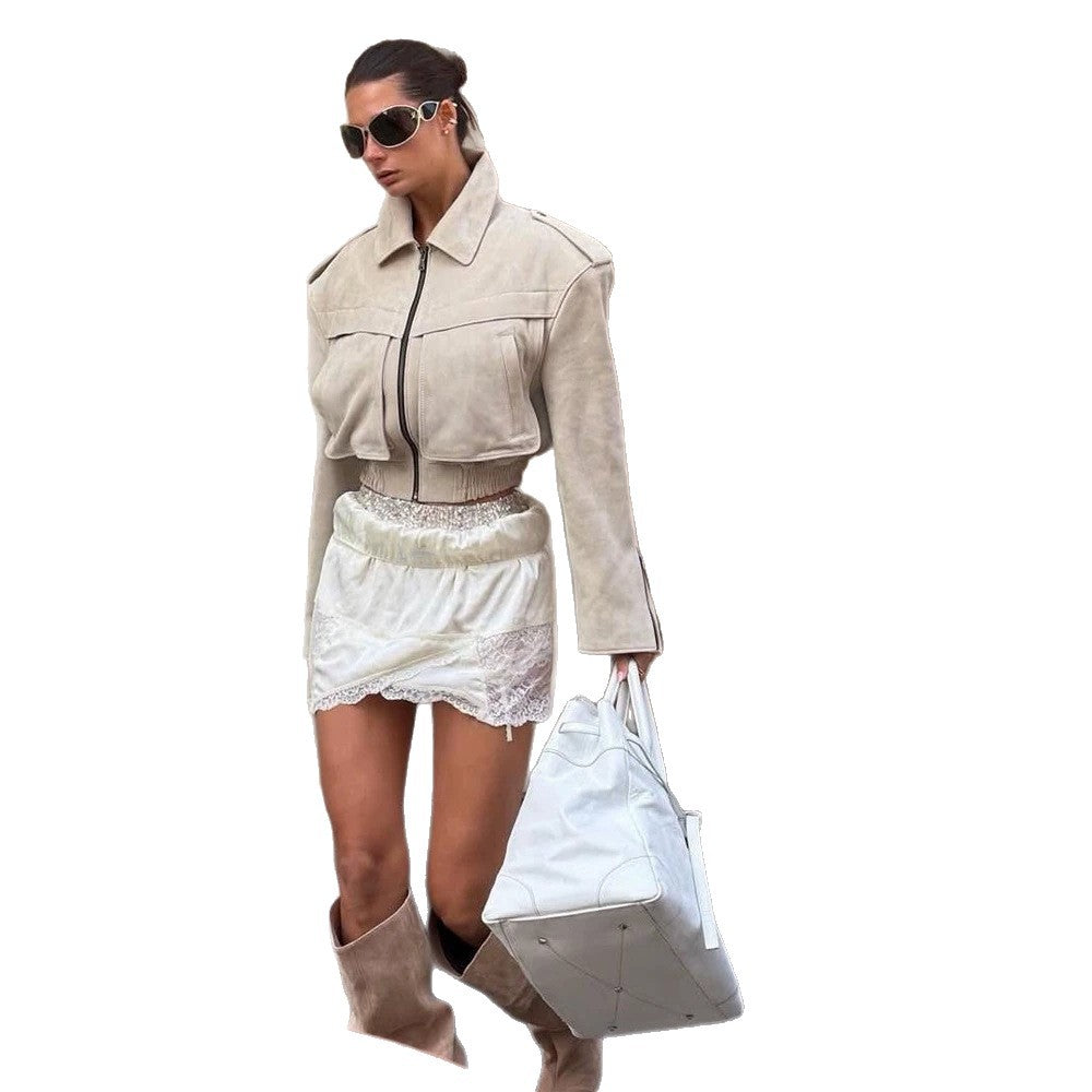 Women's Short Cut Suede Bomber Jacket with Zipper and Tailored Ribbed Cuffs EVA-US