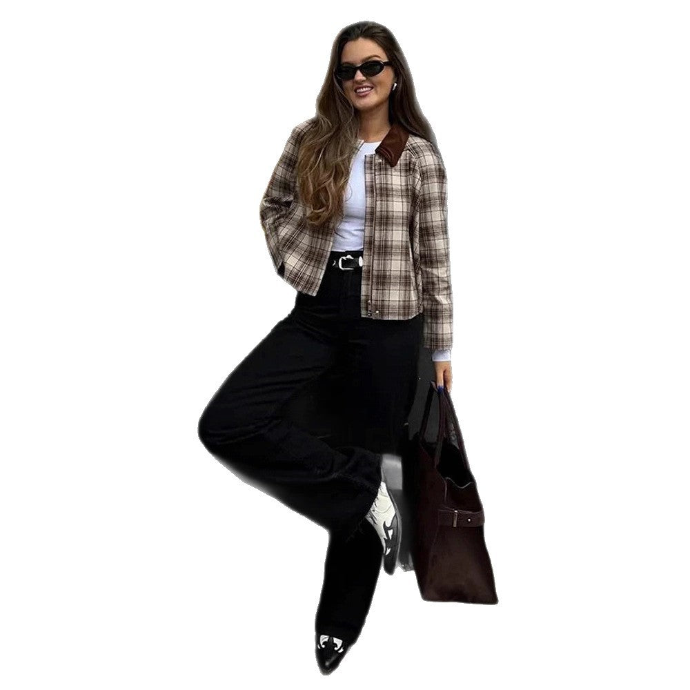 Women Boxy Check Transitional Blouse with Contrasting Shirt Collar EVA-US