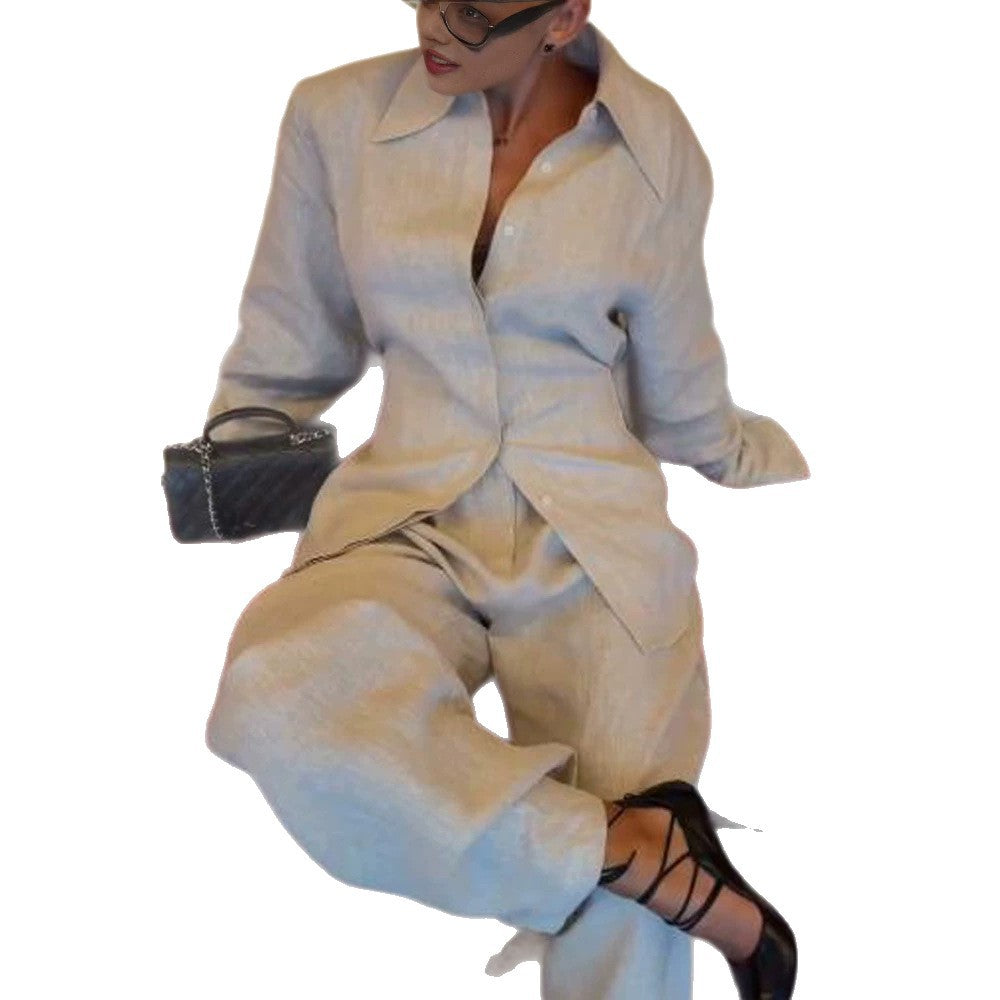 Women's Loose Linen Two-Piece with Boxy Shirt Blazer and Wide Palazzo Pants EVA-US