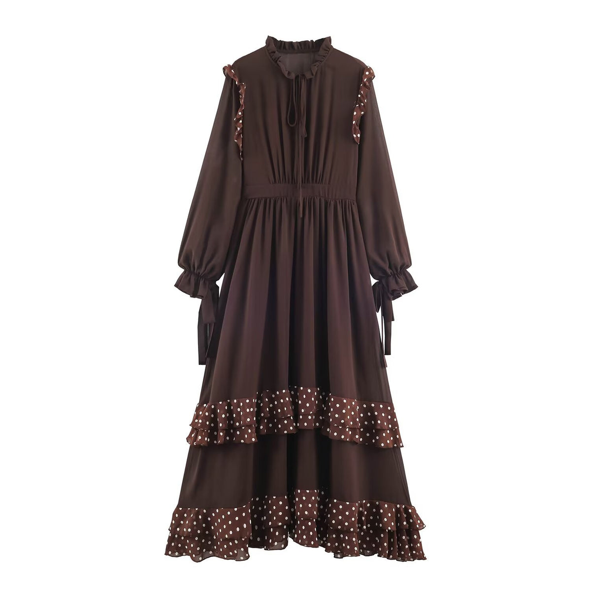 Ladies playful midi tiered dress with ruffle collar, tie belt and flounce layers EVA-US