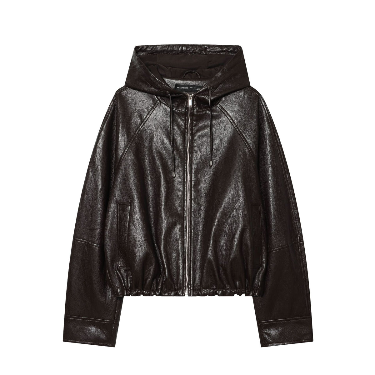 Women's Short Hooded Leather Look Bomber Jacket with Drawstring Hem EVA-US