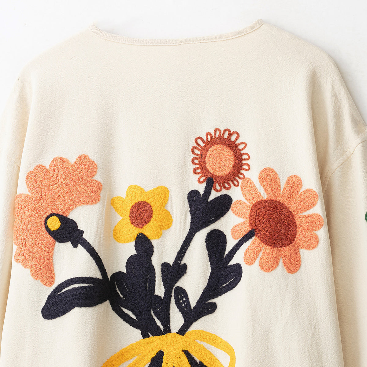 Women's Embroidered Oversized Cotton Jacket with Floral Decor and Button Placket EVA-US