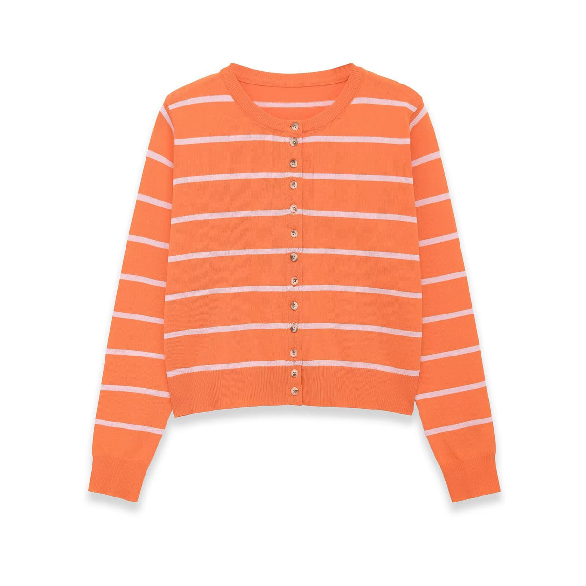 Women's Short-Cut Fine Knit Cardigan with Horizontal Stripes and Mother-of-Pearl Buttons EVA-US