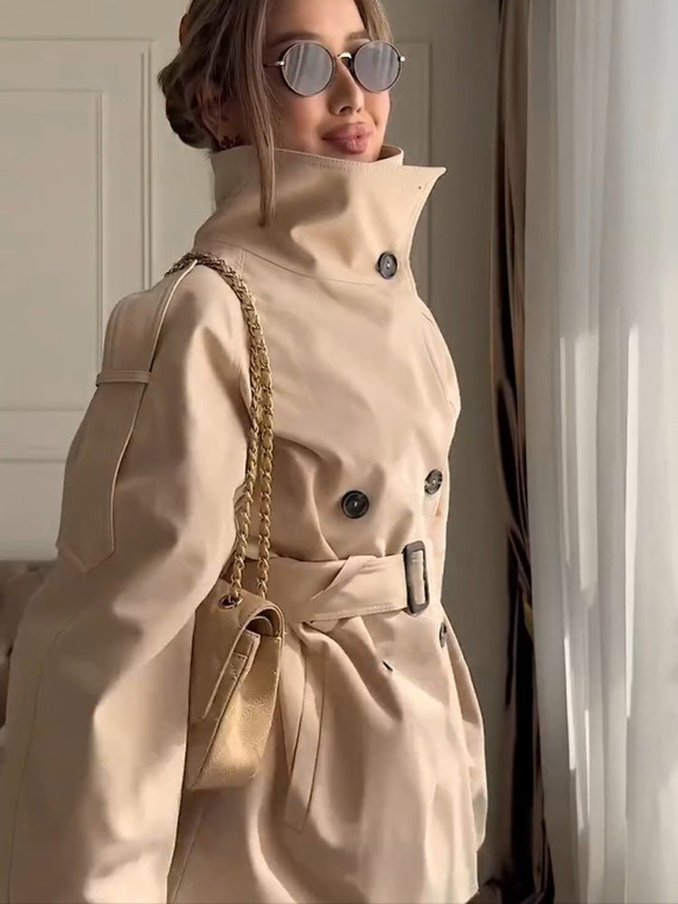 Women's Short Boxy Trench Coat with High Standing Collar, Double-Breasted Front & Waist Belt EVA-US