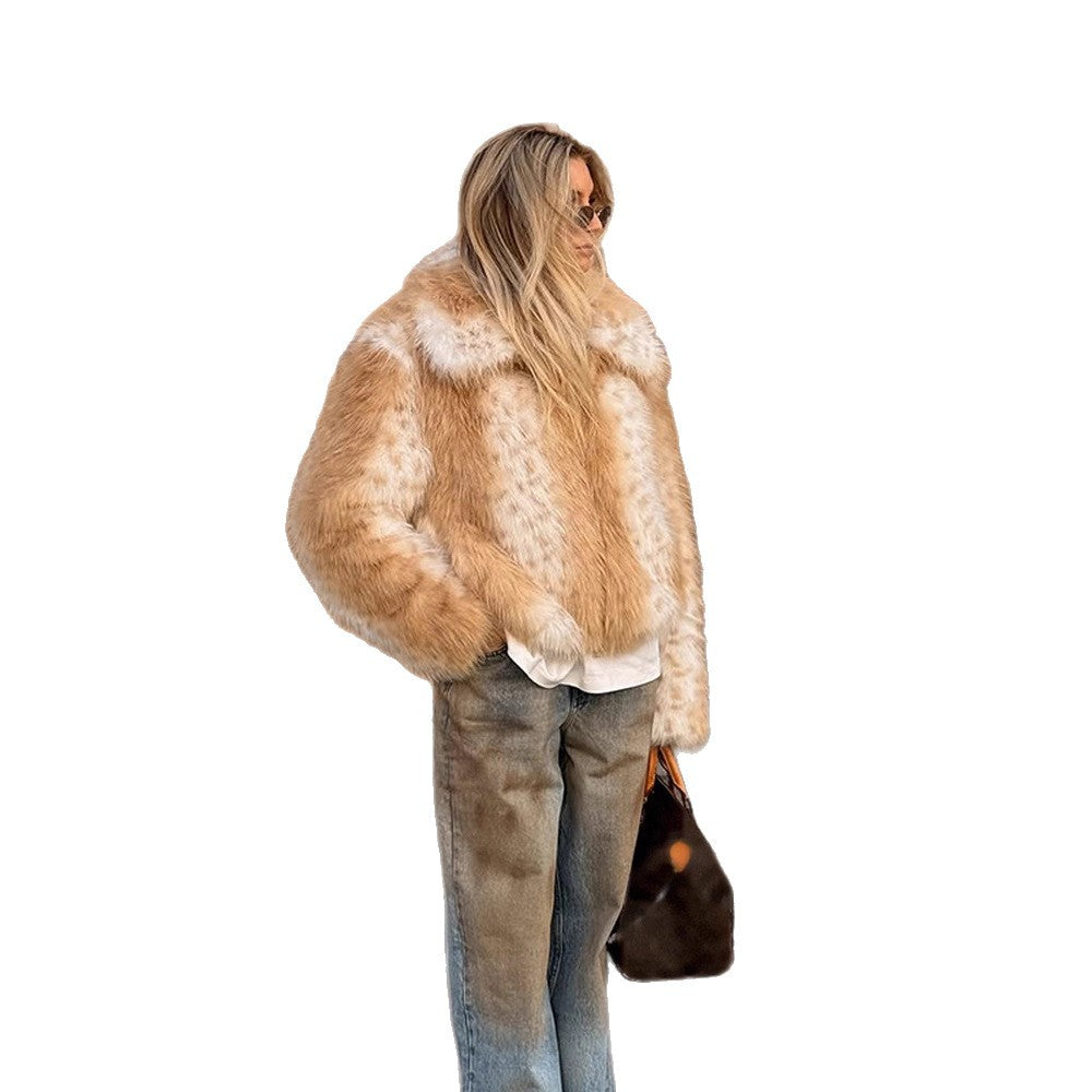 Women's Boxy Faux Fur Jacket with Two-Tone Shag Look and Notched Collar EVA-US